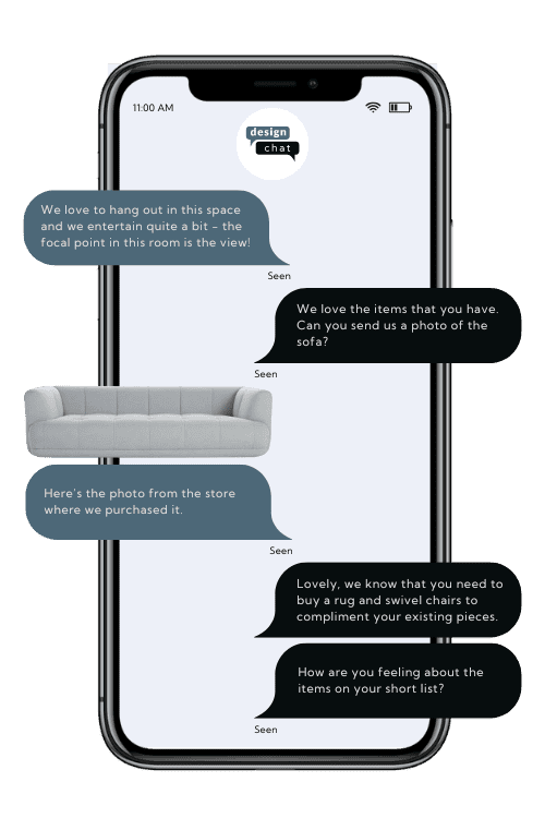 The image shows a smartphone displaying a conversation in a chat application about room design, including a request and sharing of a sofa photo as part of an e-design interior design package from design-chat.