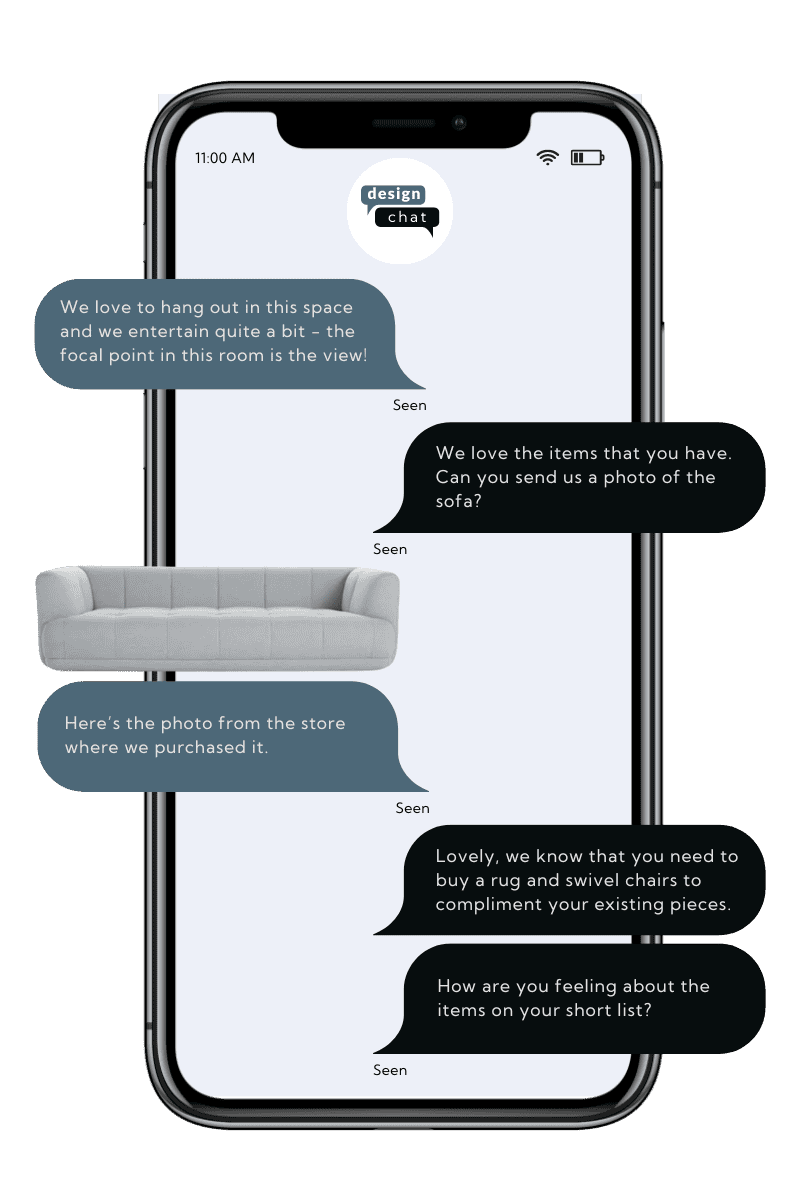 A smartphone displays a text conversation about interior design, including a request and sending a photo of a sofa, with messages indicating items seen.
