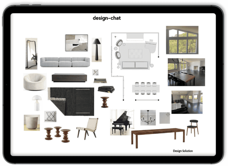 An e-design interior design mood board featuring furniture, layout plans, and room photos. Includes sofas, tables, lighting, and textiles in a neutral palette.