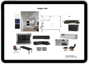 This image displays an problem solving presentation from design-chat with room plans, furniture options, fabric samples, and color palettes for a cohesive home decor concept.