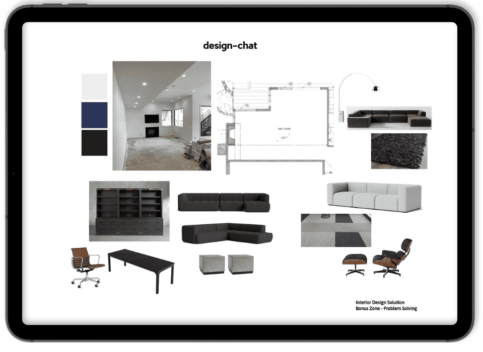 This image displays an problem solving presentation from design-chat with room plans, furniture options, fabric samples, and color palettes for a cohesive home decor concept.