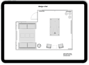 This image depicts a grayscale, top-down view of a room layout on a digital tablet, showcasing interior design space planning services with design chat. The image depicts the furniture placement in a simple, uncluttered design style.
