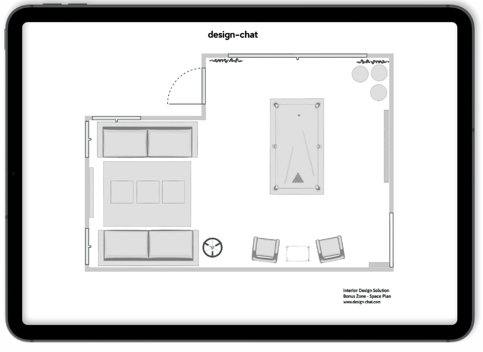 This image depicts a grayscale, top-down view of a room layout on a digital tablet, showcasing interior design space planning services with design chat. The image depicts the furniture placement in a simple, uncluttered design style.