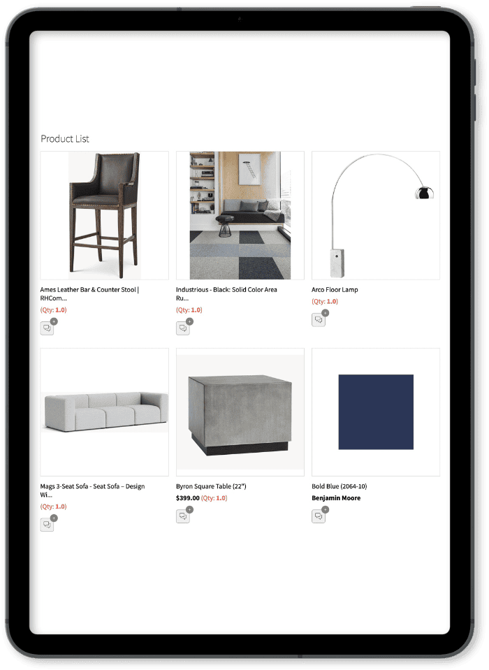 The image shows a digital screen displaying a product list delivered with design-chat's interior design space planning service. It includes furniture items, including stools, a rug, a lamp, a sofa, and a table, along with a paint swatch