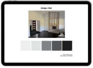 The image shows an interior design mockup with a color palette, labeled 'Walnut Retreat - Paint Palette,' below a photo of a room with a fireplace. This is the delivered benjamin moore paint color palette by design-chat.