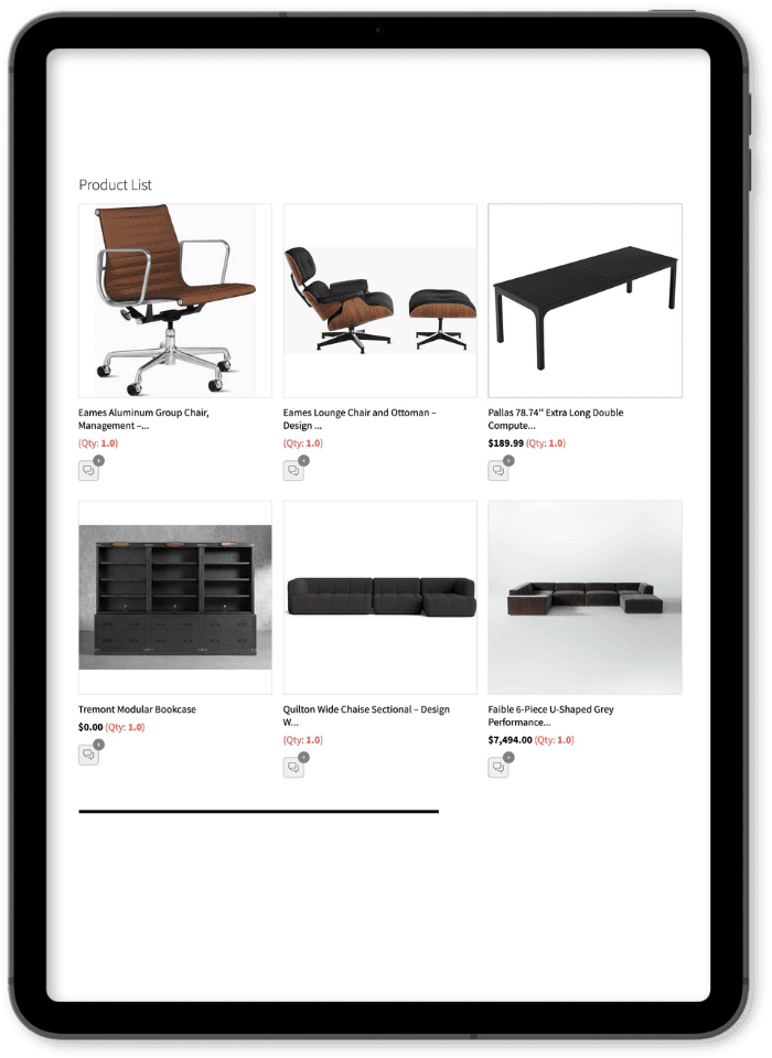 An image of a tablet displaying a product list containing various types of furniture, including chairs, a table, bookcase, and sectional sofas with prices and quantities.
