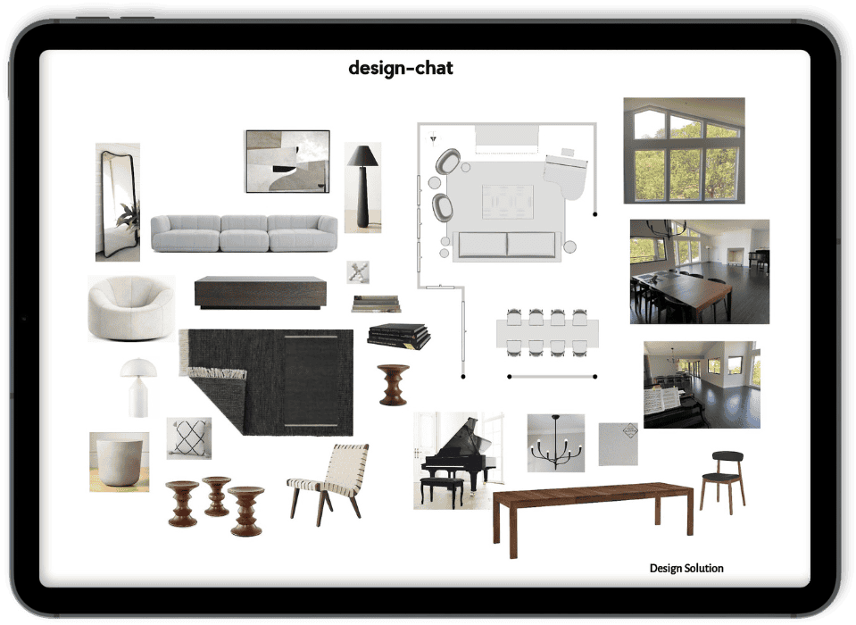 An interior design mood board with furniture, color palette, layout diagram, and room photos displayed on a digital tablet screen, labeled "design-chat" and "Design Solution" delivered as part of a virtual room makeover.