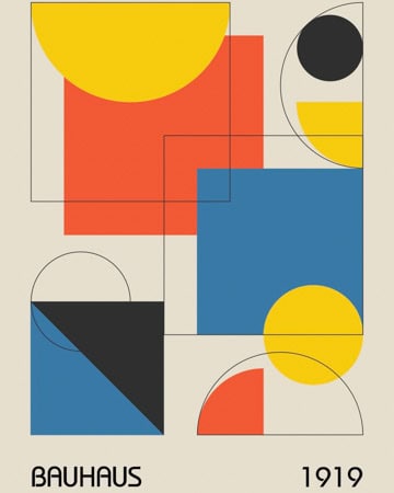 This image features a graphic design with abstract geometric shapes in primary colors and black on a beige background, labeled "BAUHAUS 1919."