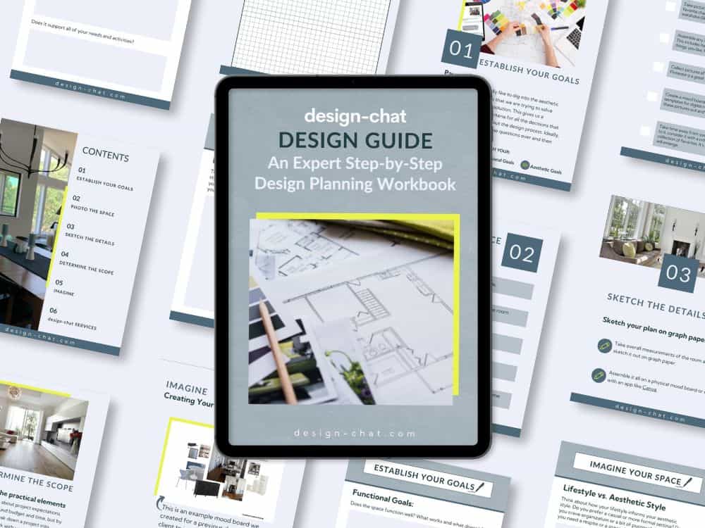 This image displays a design guide workbook on a tablet surrounded by printed materials related to interior design planning, including layouts and mood boards.