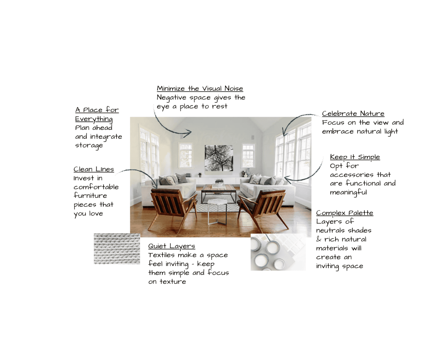 The image displays an airy, organized interior space with text overlay providing tips on creating a comfortable and aesthetically pleasing environment.