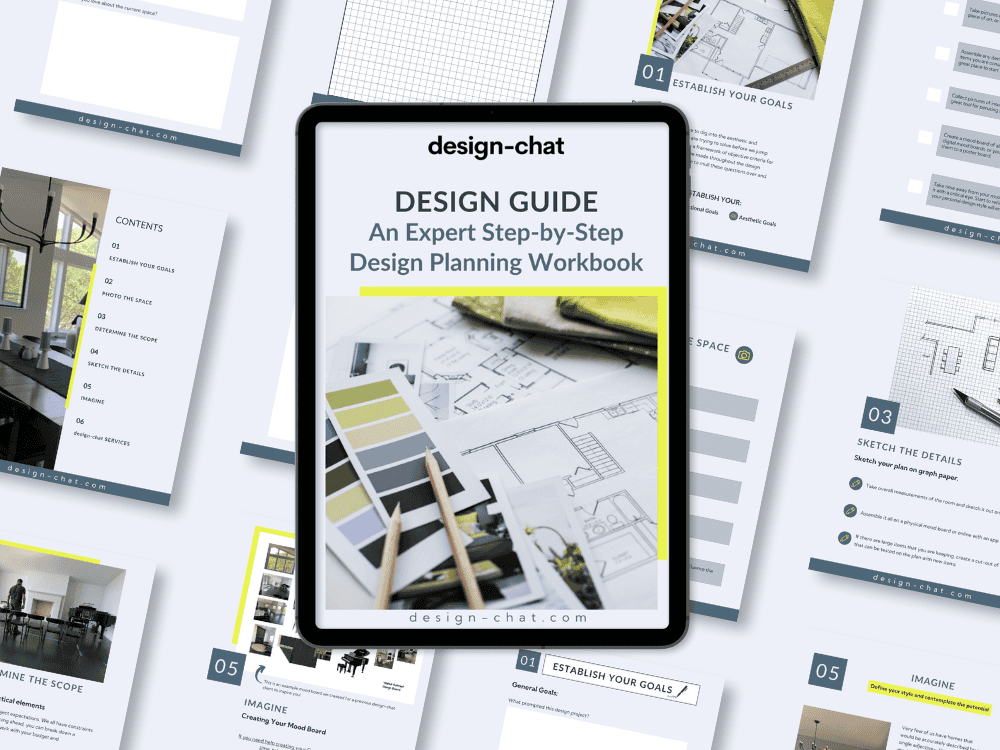 The image displays a collection of design-related documents, including a tablet showing a "DESIGN GUIDE, An Expert Step-by-Step Design Planning Workbook."