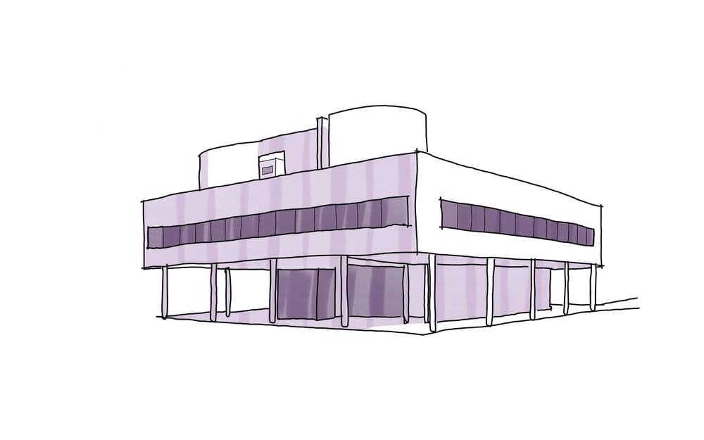 Sketch of a modern, two-story building with large windows, straight lines, and a minimalist design, rendered in purple tones on a white background.