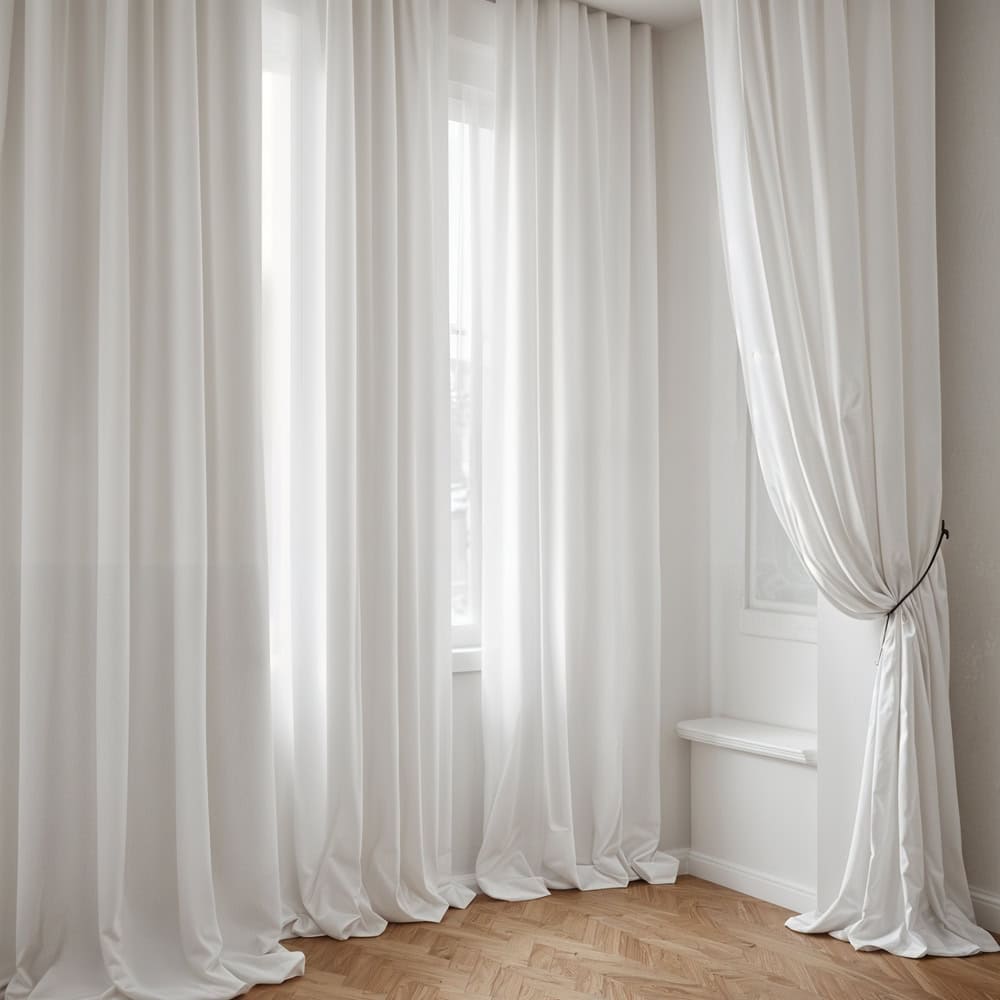 A bright room with floor-length white curtains drawn closed over a large window, tied to one side, allowing natural light to filter through subtly to showcase home decorating ideas on a budget.